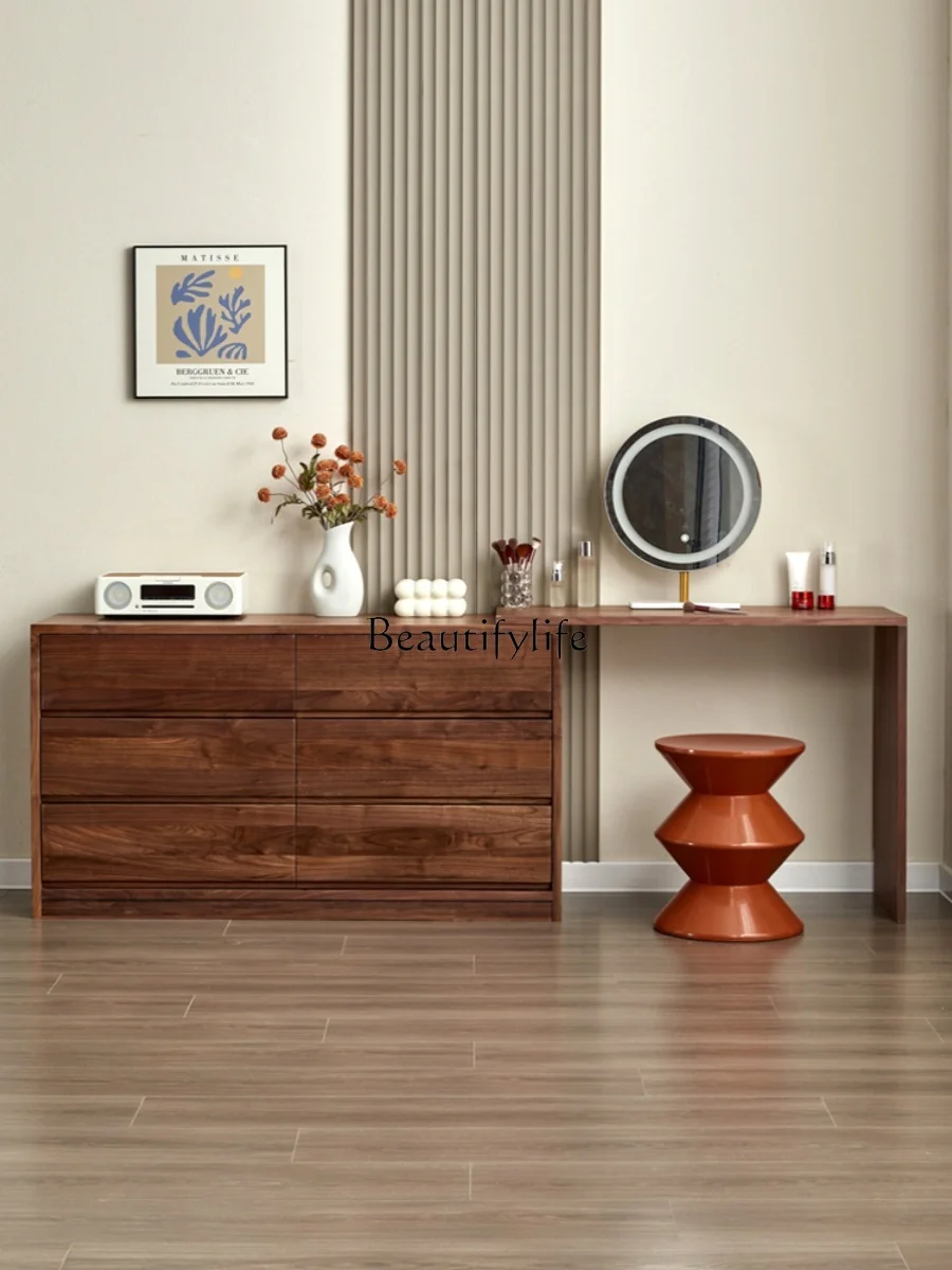 

Solid Wood Dresser Chest of Drawers Integrated Storage Tailstock Black Walnut Bedroom Movable Desk