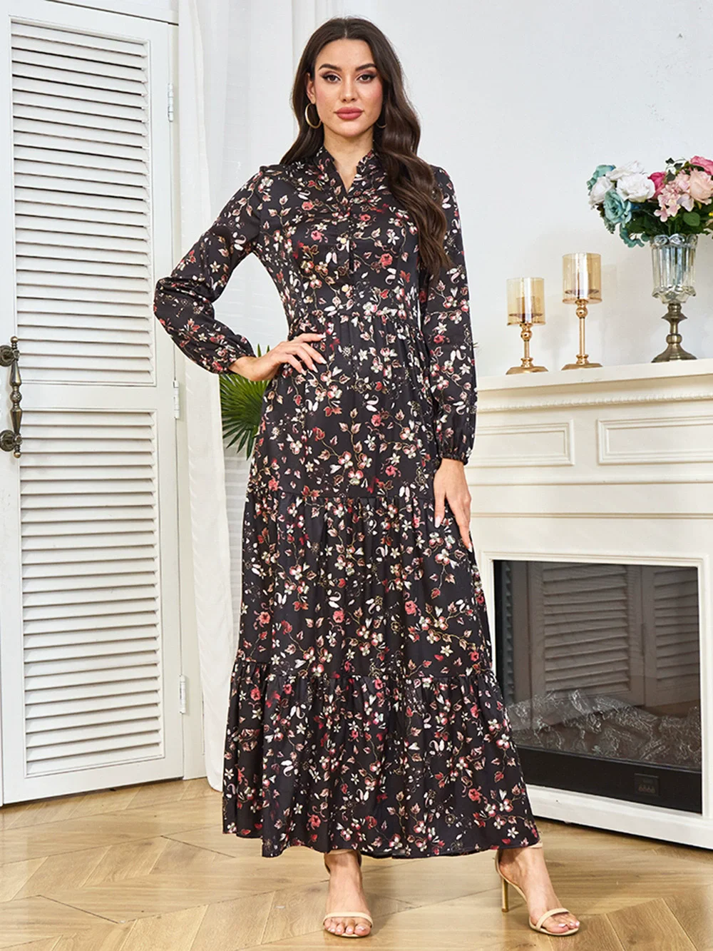 Middle East Saudi Arabia Women's Wear Muslim Luxury Fashion Women's Wear Dubai Printed Robe Waist slimming Dress Robe