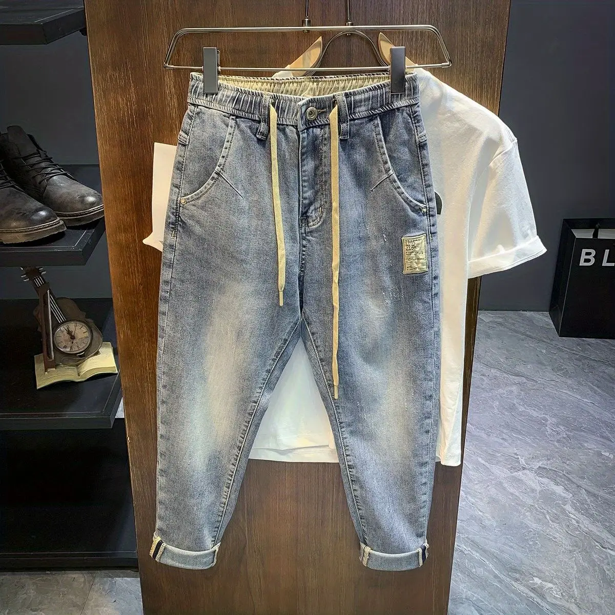 

Men's Loose Straight Leg Jeans Denim Pants Elastic Wide Leg Light Blue Vintage Casual Versatile Long Trousers Autumn Sle