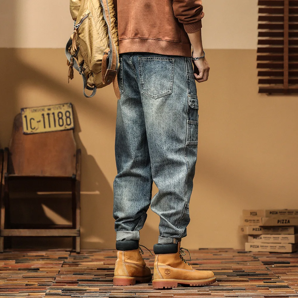High quality long cargo jeans for men plus size multi pocket stone wash cotton denim vintage trousers new 2024 clothing - blue