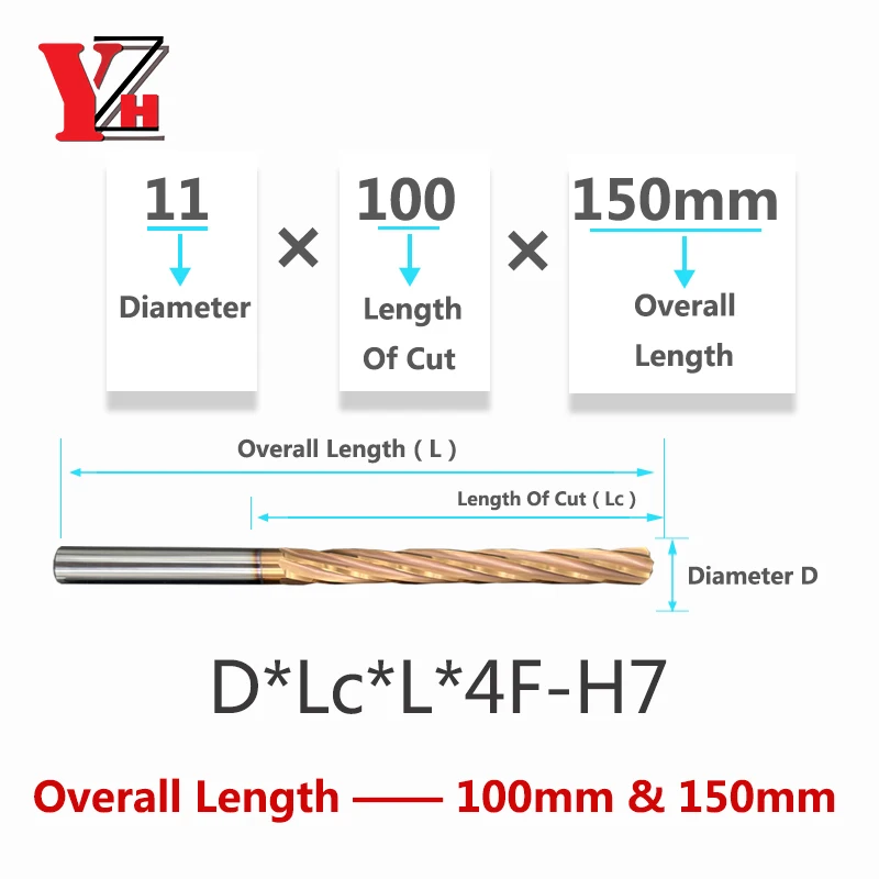 YZH 100mm 150mm Carbide Machine Reamer HRC60 Coated Spiral Groove Tolerance H7 Harened Steel Metal Cutter CNC Turning Hole