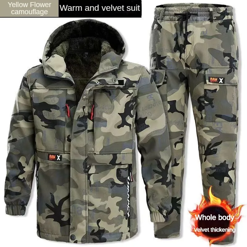 Men\'s Thickened Wear-resistant Camouflage Suit Warm And Cold Proof Winter Plush Labor Protection Suit Construction Work Clothing