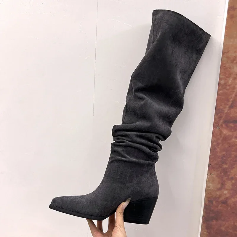 JOZHAMTA Size 34-42 Women Ruched Knee High Boots Elastic Suede Block High Heels Shoes Fall Winter 2025 Wide Calf Long Tall Boots