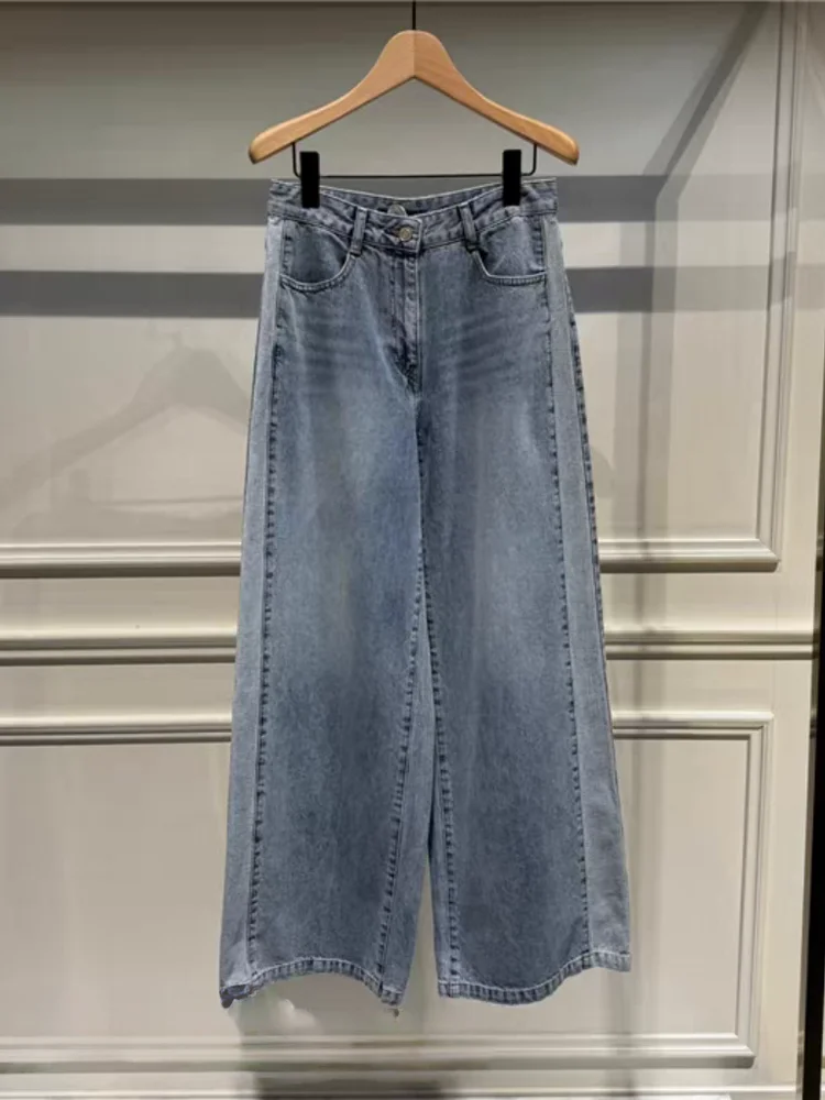 

Джинсы с высокой талией, свободного кроя, повседневные, широкие, в корейском стиле, осенняя новинка, большие размеры, стройнящие, женские длинные брюки