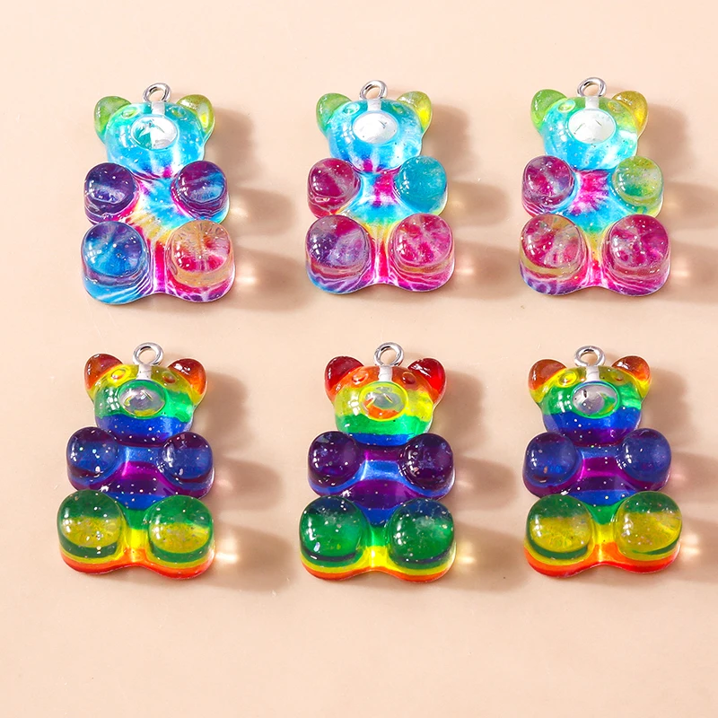 Leslie 10Pcs Big Gradient Glitter Resin Bear Charm for Earrings Bracelet Necklace Pendant Jewelry Making Accessories Diy Finding