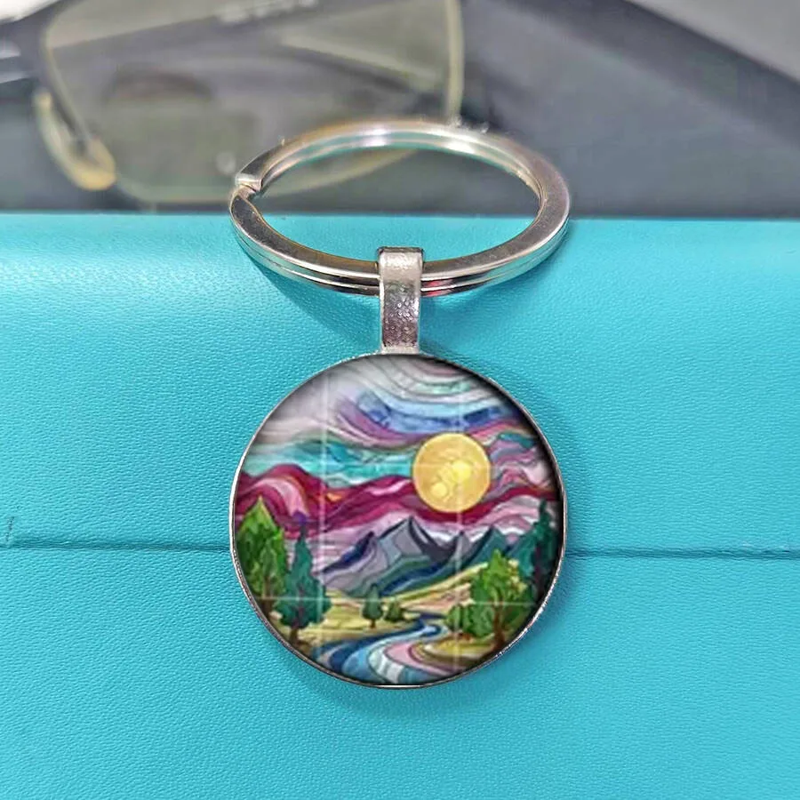 Vintage Gold Grid Mosaic Golden Sunset Colorful Mountain Valley Round Metal Key Holder