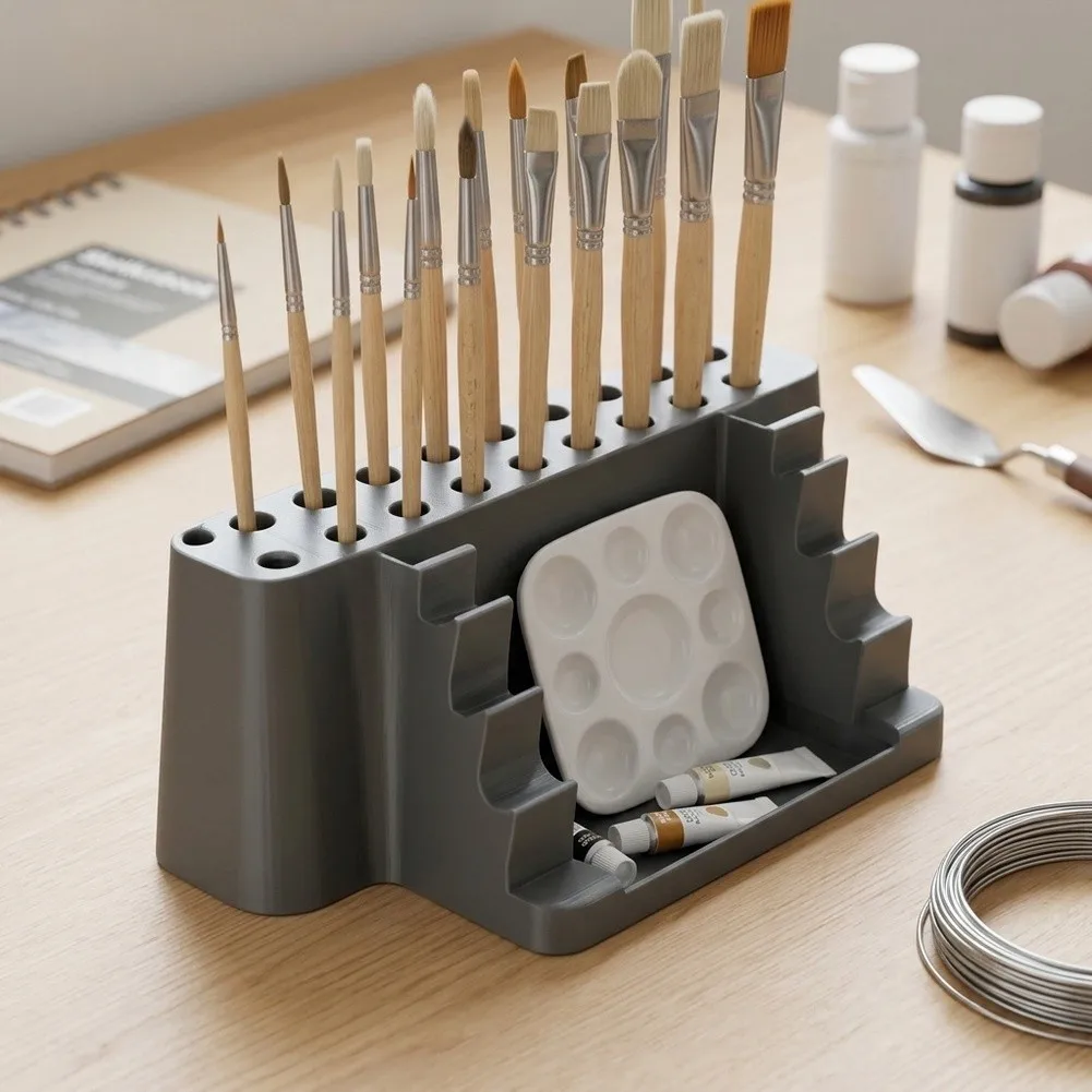3D Printed Paint Brush Holder for Artists and Students with Multi-Hole Design for For palette Organizer and Art Tool Storage