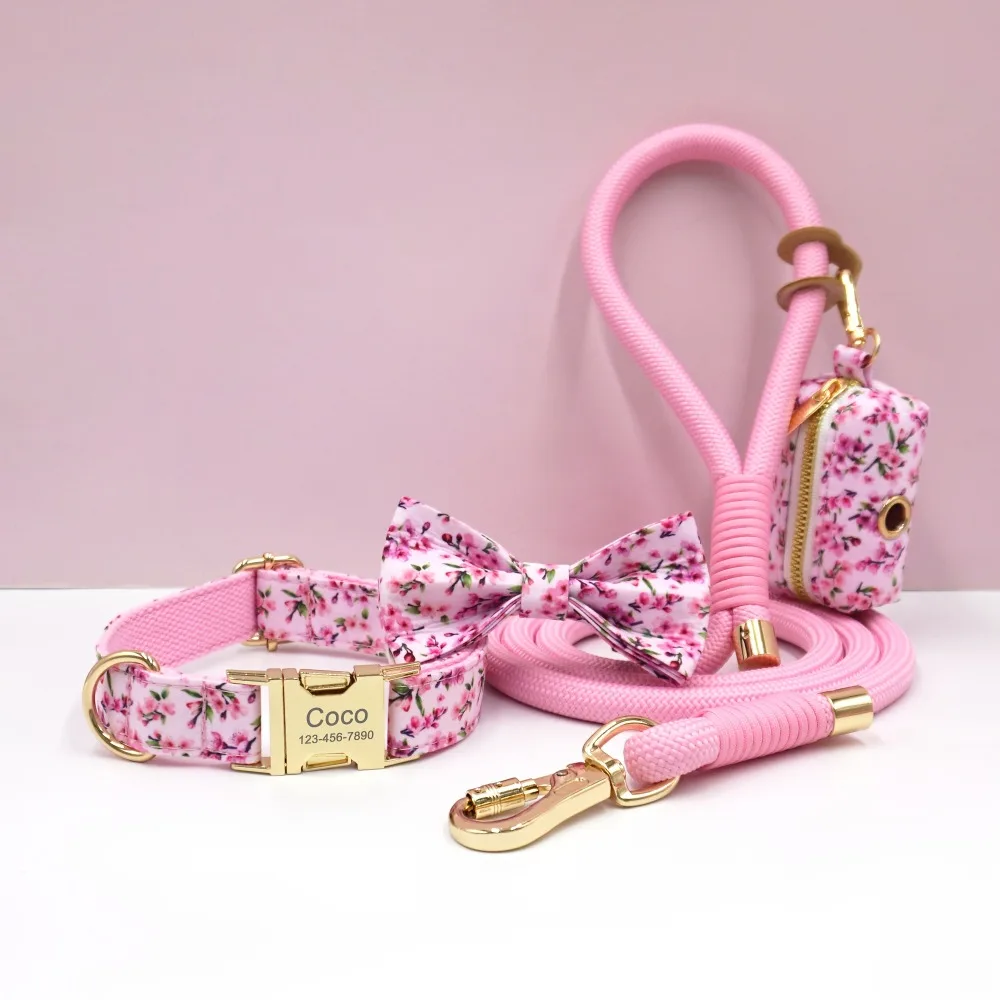 

4pcs Personazlied Dog Collar Flower Print with Bow Tie Leash Set Adjustable Engraved Name Phone Number Birthday Gift for Dogs
