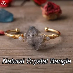 Natural White Crystal Bangle Gold Wire Wrap Adjustable Bangle Bohemian Style Handmade Jewelry Daily Party Wear Women's Jewels