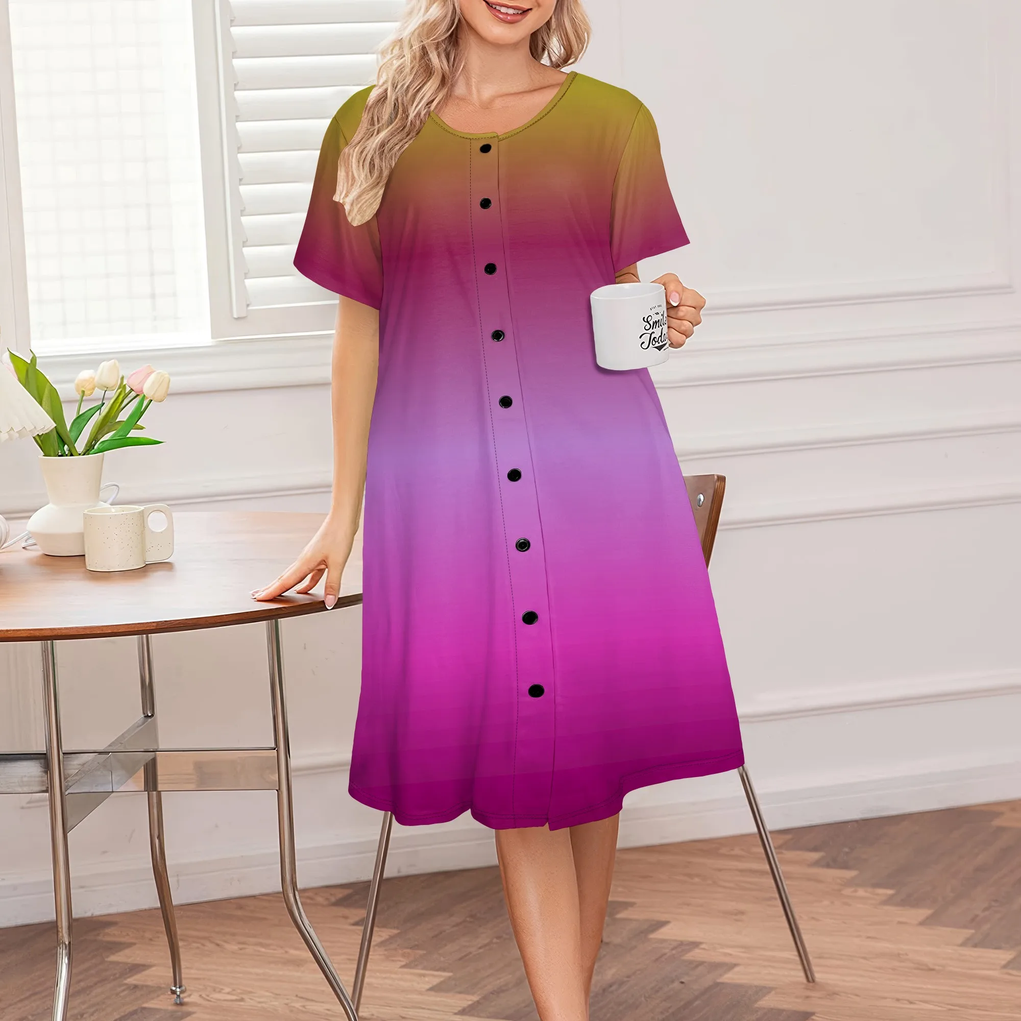 

Women's Summer Dress Ombre Print Round Neck Button Loose Breathable Midi Skirt for Casual Beach Vacation Shopping