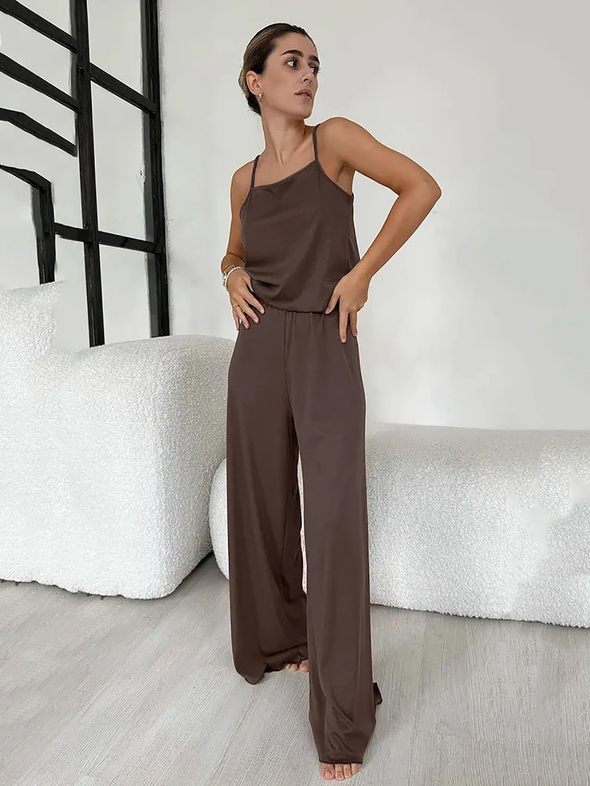 

Marthaqiqi Brown Ladies Pajamas Suit Tank Tops Sleepwear Spaghetti Strap Nightgowns Backless Pants Causal Female Nightwear Sets