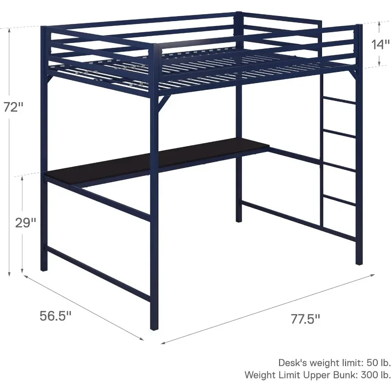 Metal Full Loft Bed with Desk, Blue child's bed