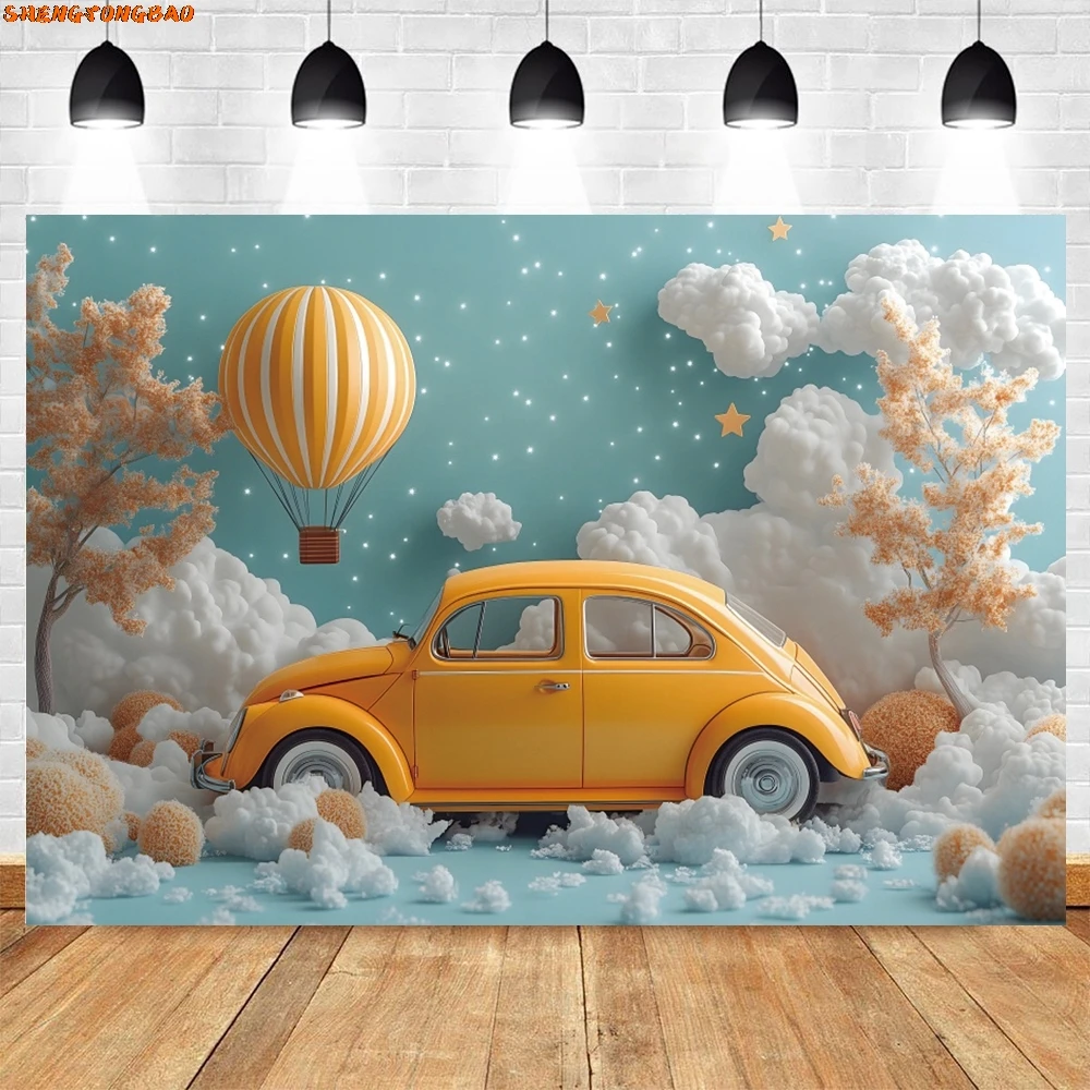Toile de fond de photographie de ballons à air chaud de petite voiture, toile de fond de fête de 1er anniversaire, accessoires de studio photo, nuages, nouveau-né, baby shower