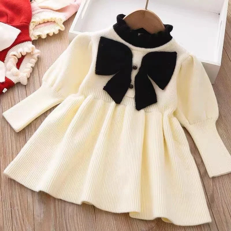 Children\'s Autumn Sweater Knitted Dress Baby Birthday New Year Elegant Full Sleeve Girls Dress 1-10 Years Kids Daily Casual Wear