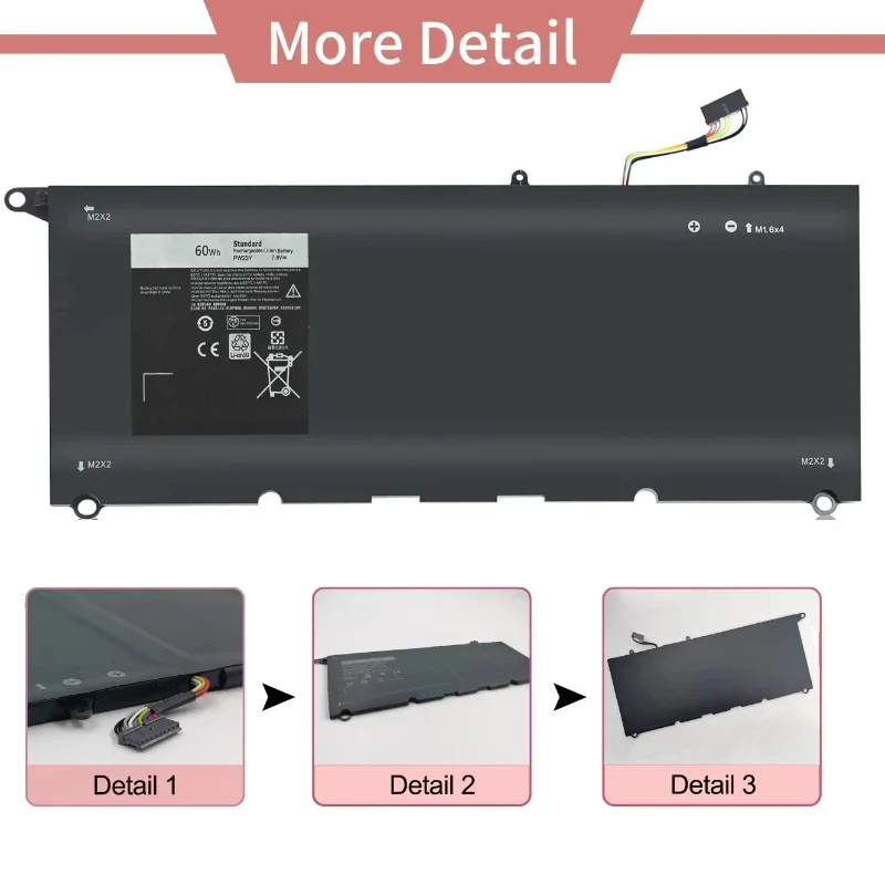 New JD25G 90V7W PW23Y 7.6v 60wh Laptop Battery for Dell Xps 13 9360 for 0rnp72 0tp1gt Laptop Batteries new Li-ion 4 Cell