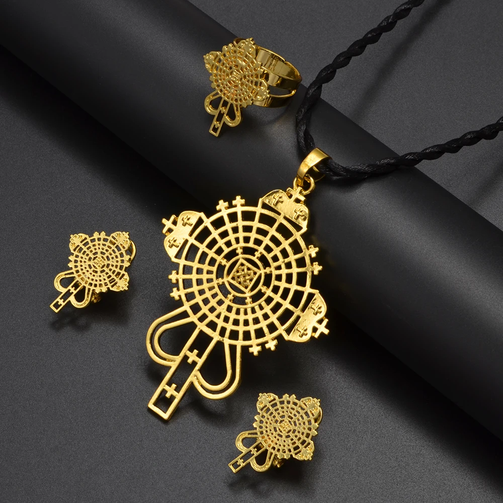 Anniyo Ethiopian Cross Necklace Earrings Rings African Fashion Jewelry Sets Women Girls Eritrean Habesha Accessories #350106