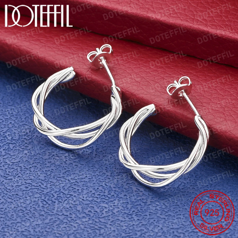 925 Sterling Silver Simple Three-Strand Intertwined Stud Earrings for Women, Party and Wedding Accessories, Elegant Jewelry