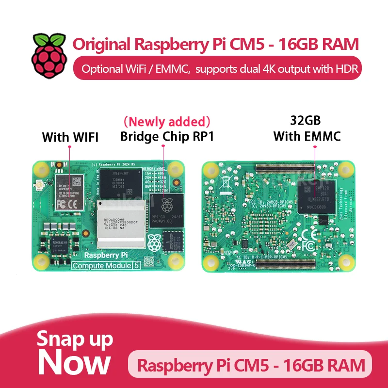 

Оригинальный вычислительный модуль Raspberry Pi, модуль 5 CM5 с 16 ГБ ОЗУ, дополнительный Wi-Fi/EMMC, CM5116064 CM5016016 CM5016032 CM5016064