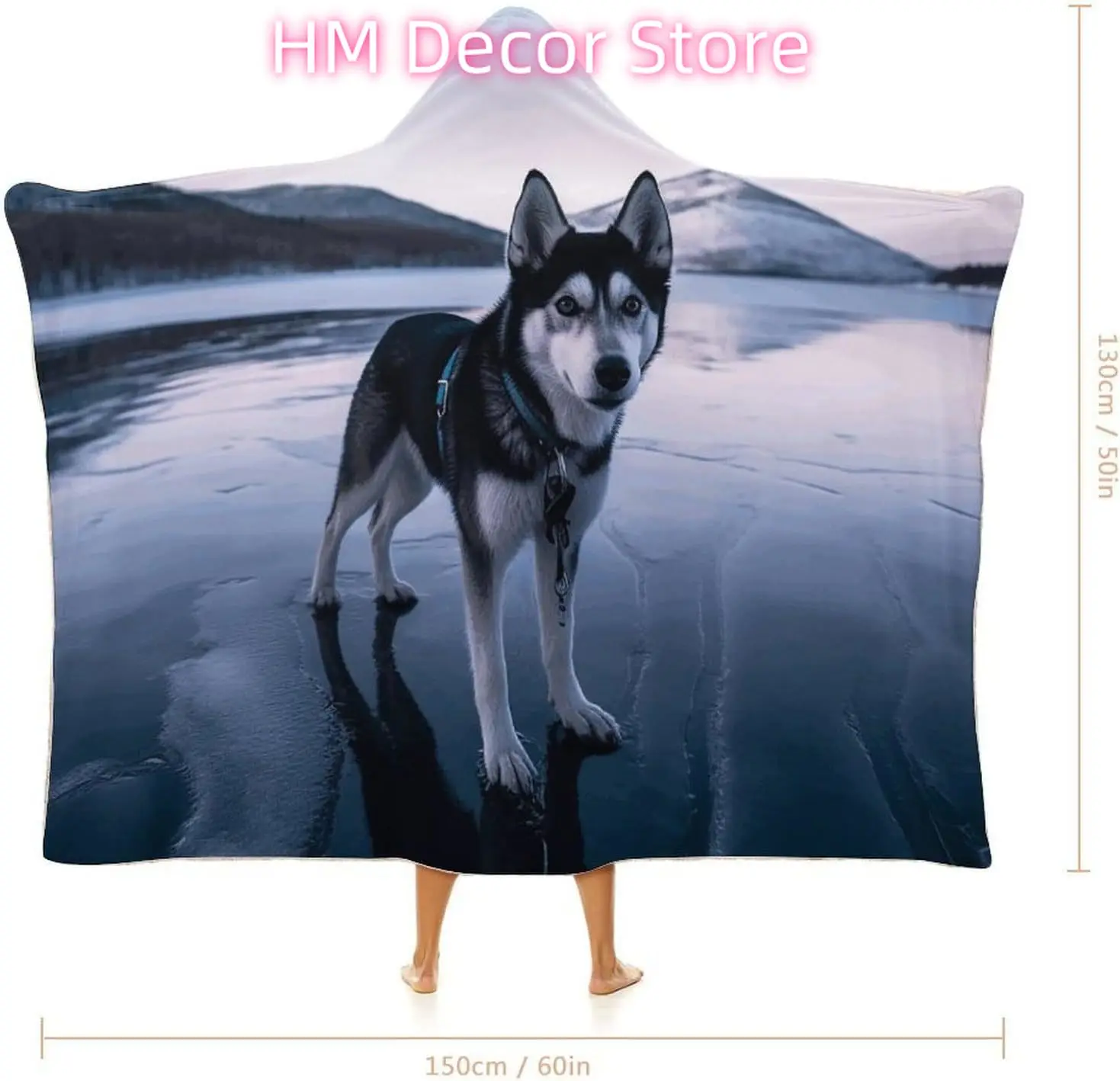Husky Dog on A Frozen Lake Wearable Hooded Blanket, Ultra Soft Arctic Velvet Cape Cloak Unisex - Cozy Wearable Blanket