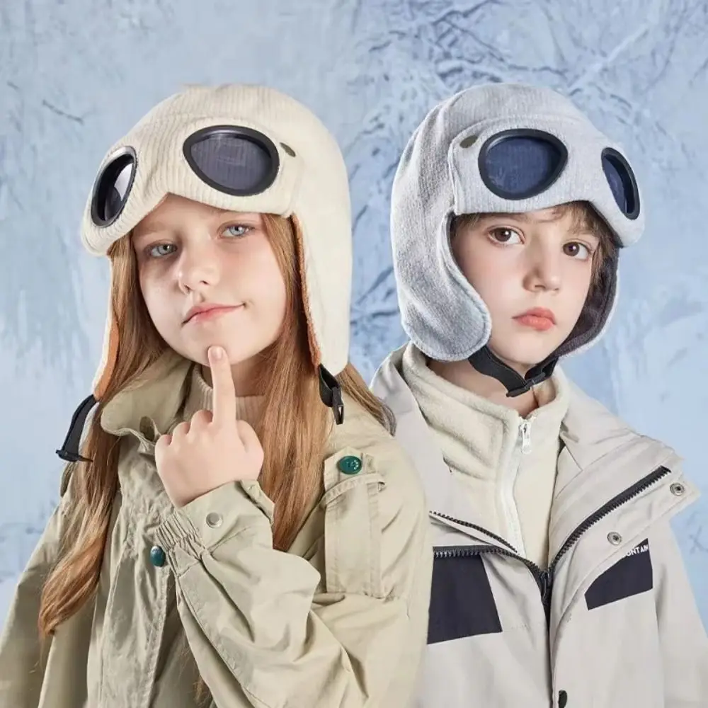 

Neck Protection Children Glasses Hat Ear Cap Buckle Windproof Head Cover Fleece Lining Adjustable Warm Cap With Goggles Girls