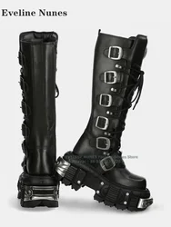 Belt Buckle Metal Decoration Punk Long Boots Round Toe Thick Sole Rivet Platform Side Zipper Rock Motorcycle Boot Cool Dark 2024