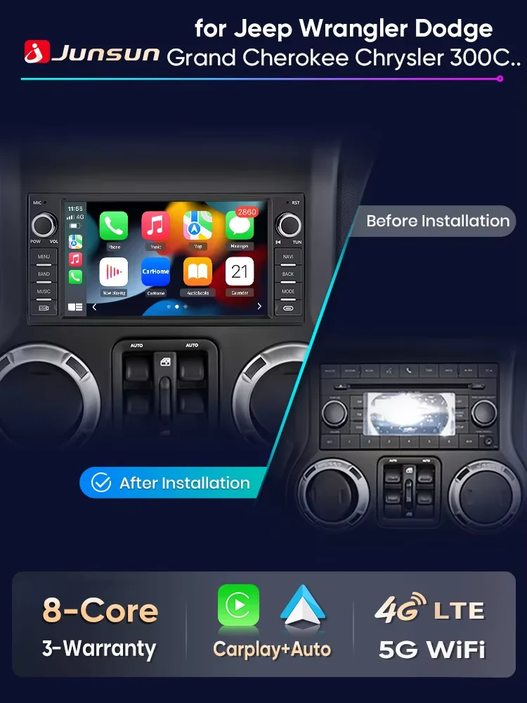 Junsun 7-Zoll Wireless CarPlay Android Auto Autoradio für Jeep Wrangler Grand Cherokee Patriot Compass Chrysler 300C Dodge Caliber GPS-Navigation Multimedia-Player WiFi DSP RDS BT SWC IPS-Touchscreen