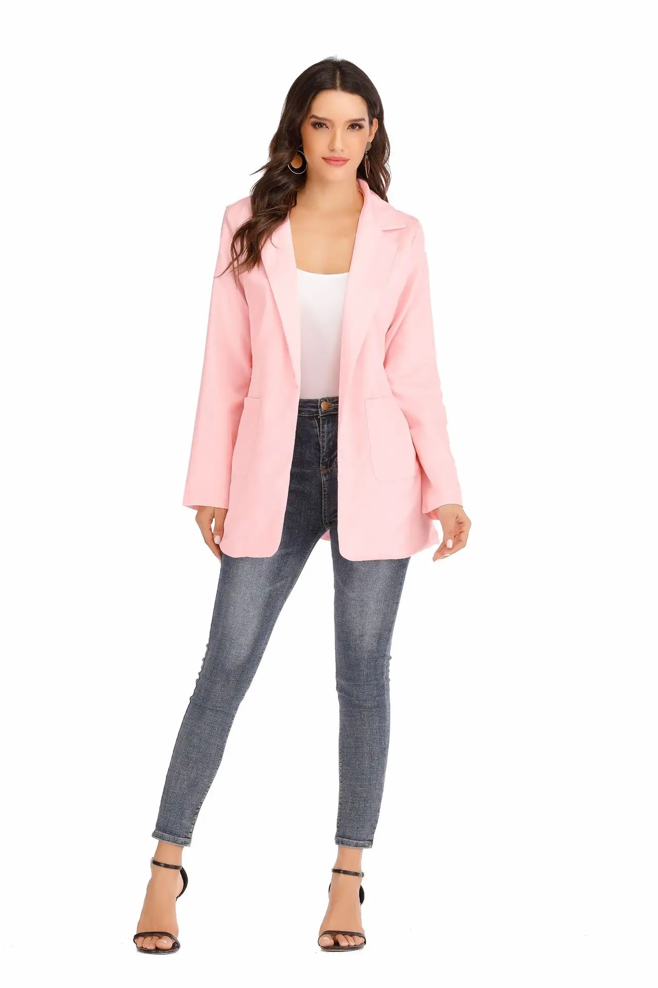 

Модный женский пиджак, приталенный пиджак с лацканами, элегантное повседневное пальто с открытой передней частью, эластичный легкий пиджак для женщин