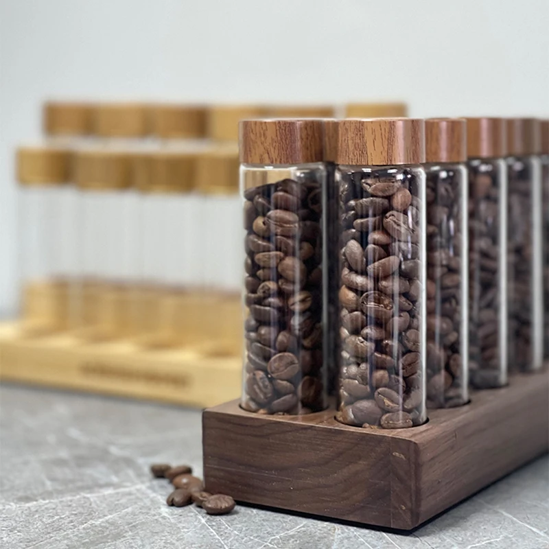 Coffee Beans Storage Tube Single Dose Glass 17g 22g Walnut Based Container With Funnel Espresso Accessories Goods Barista Tools