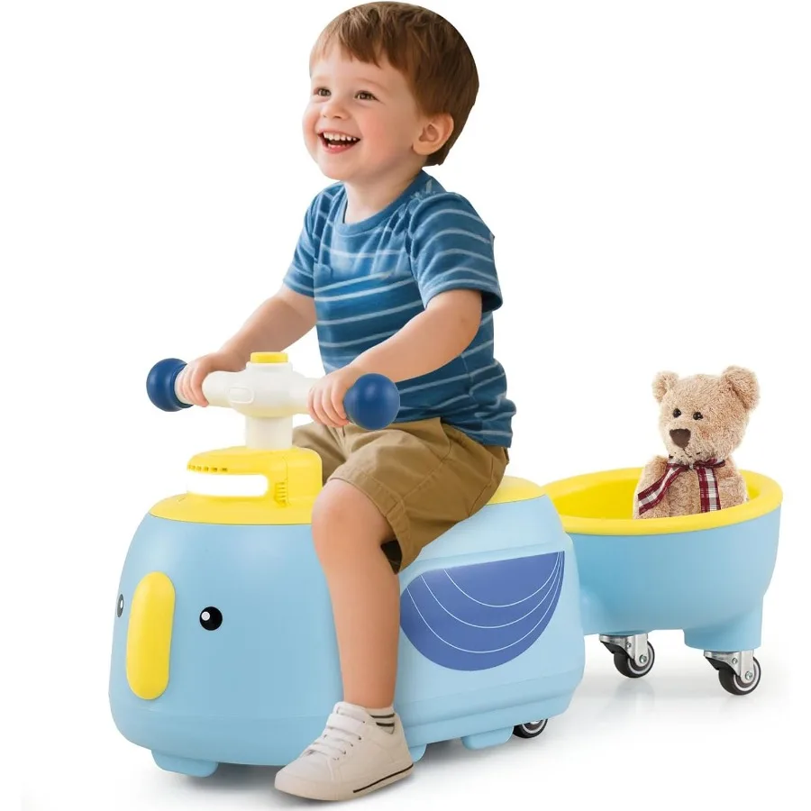 トレーラー付き乗用玩具、屋内外兼用、幼児用乗車玩具、シート下収納、LEDライト、音楽、足で押すスライドカー