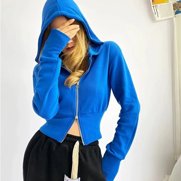 Harajuku Hoodies Women Zip Up Cropped Brown Pockets Jacket Solid Short Hooded Sweatshirts Female Casual Coat Outwear Clothes