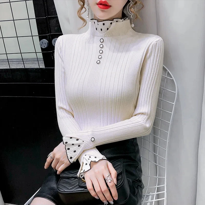 Sweater Women\'s Turtleneck Dot Print Lace Ruffle Pullover Women\'s Trumpet Sleeve Top Solid Knitwear Trend Sweater Autumn Winter