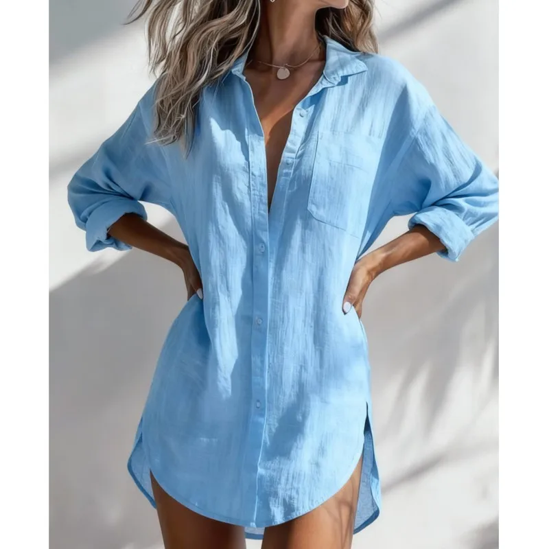 

Women's Foreign Style Single Breasted Cardigan Shirt Spring Fashion Lapel Collar Top With Pocket Ladies Work Versatile Blouses