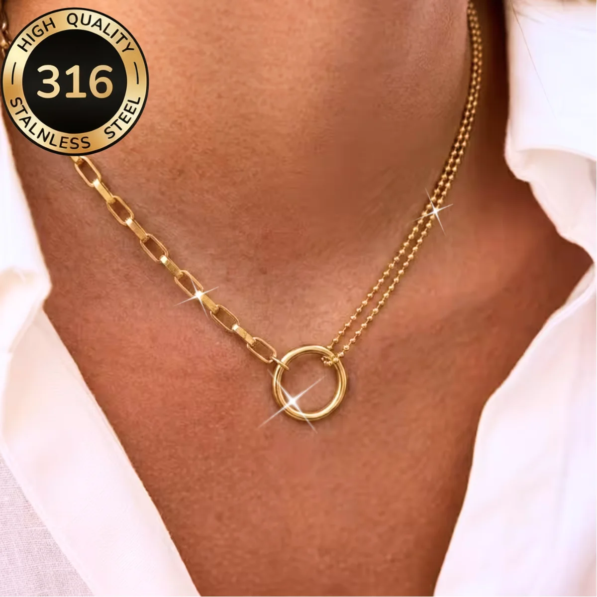 Einfache ovale Kabelkette mit doppelter kubanischer Gliederkette für Damen, Edelstahl, modischer offener Kreisanhänger, Statement-Schmuck
