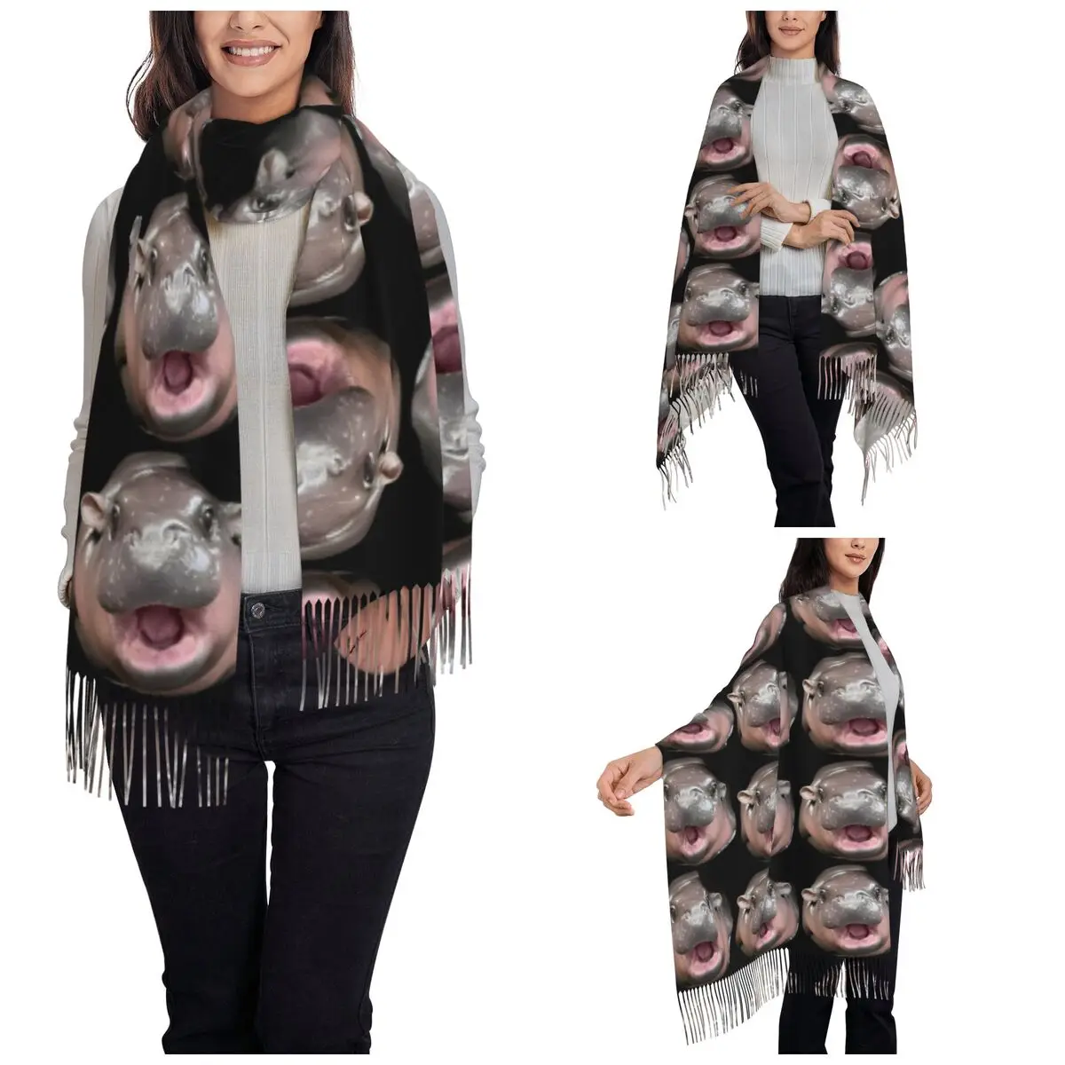 Cute Moo Deng Circle Scarf for Women Winter Fall Pashmina Shawl Wrap Long Large Shawl Scarf for Daily Wear