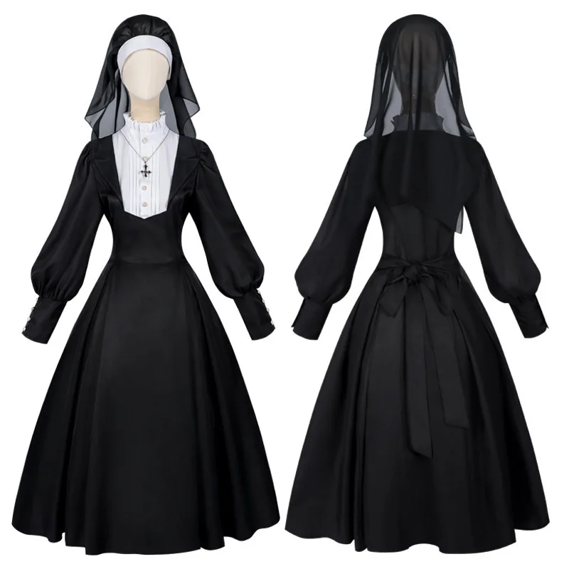 Retro Medieval Nun Nurse Cosplay Costume Long Dress Outfit For Halloween Stage Role Play Party Adult Women