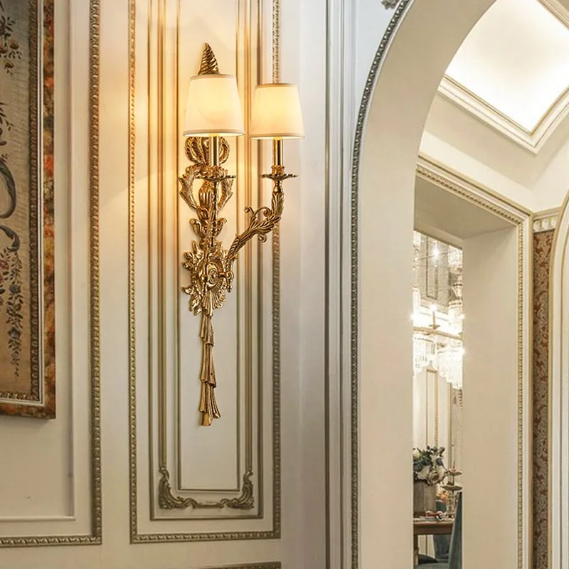 French atmosphere living room background wall all copper lamps, European luxury villa hall bedroom lights, staircase wall lights