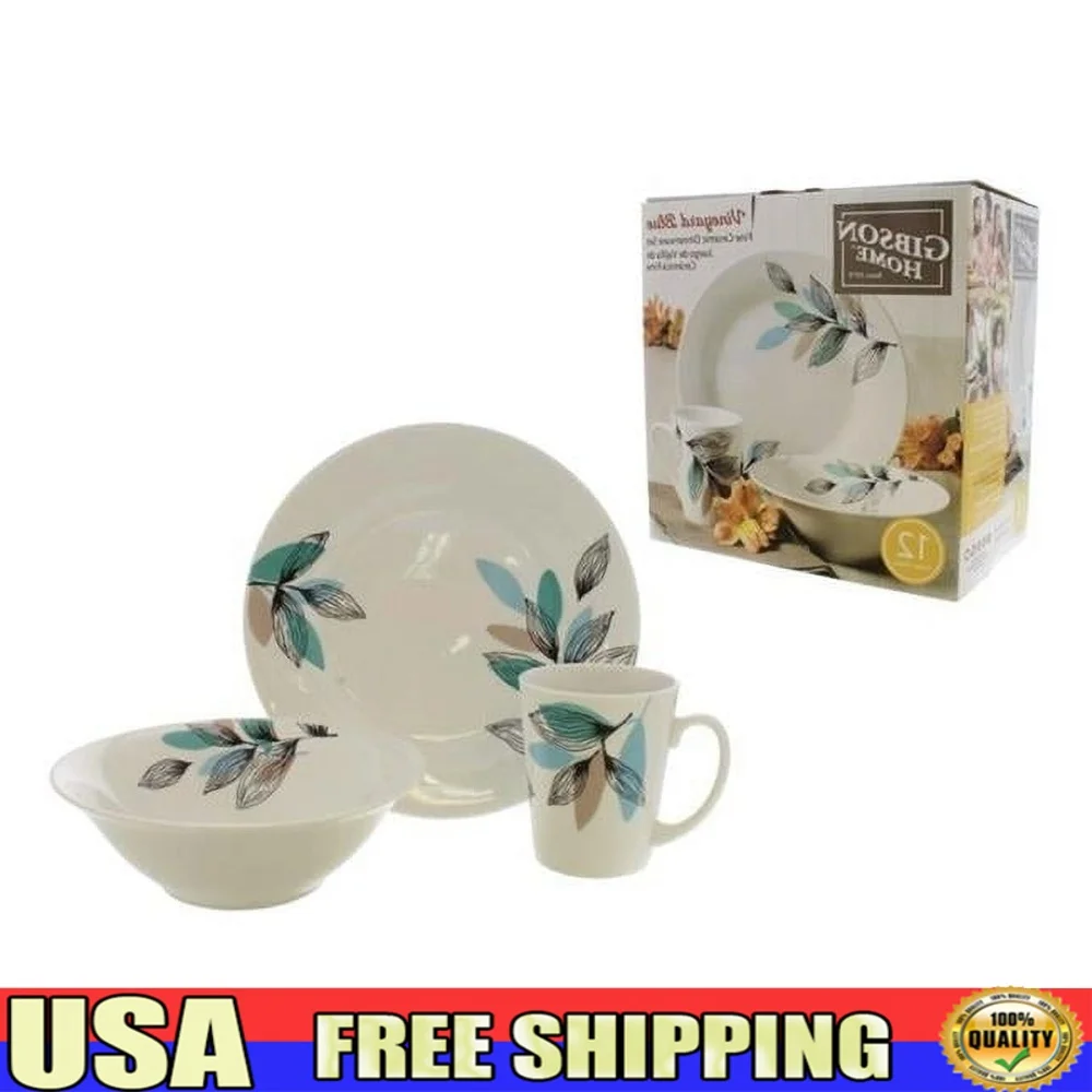 

12 Piece Round Fine Ceramic Dinnerware Set Glossy Finish Microwave Oven Dishwasher Safe Includes Plates Bowls Mugs Ideal Formal