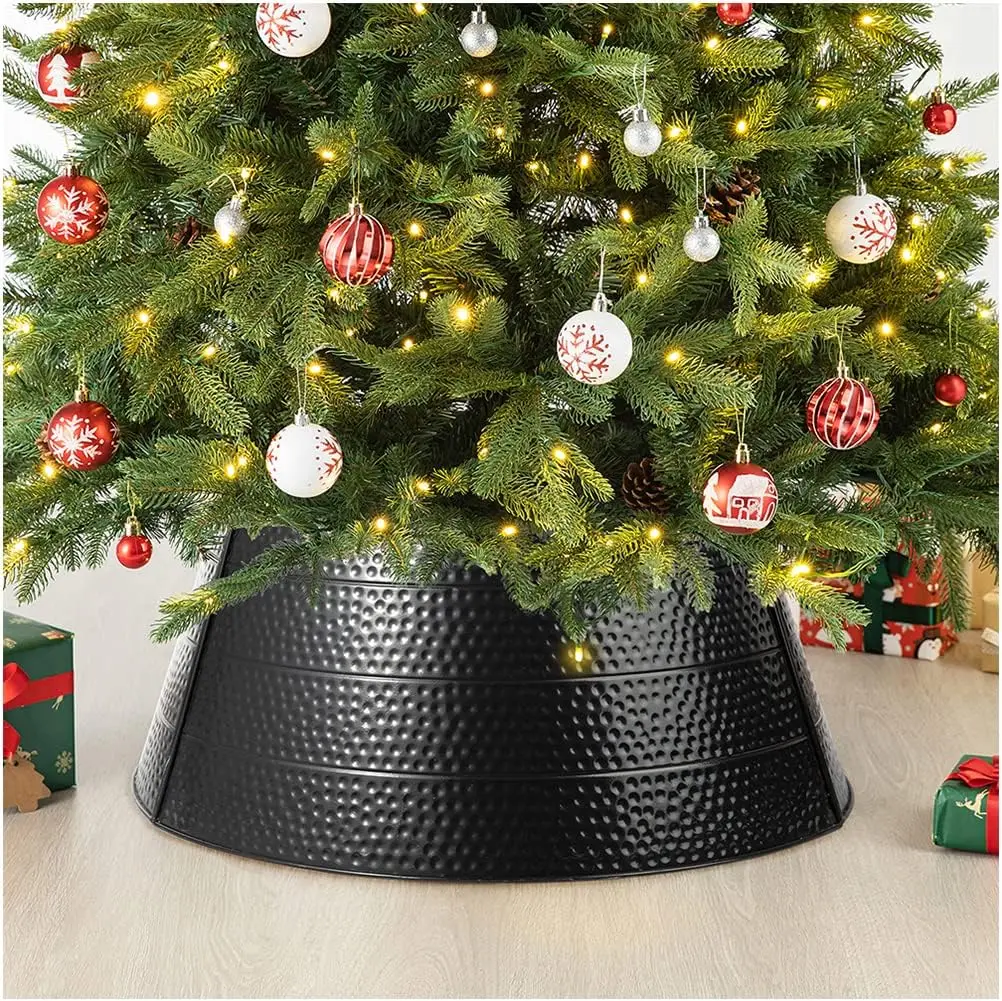 Christmas Tree Collar, Black Hammered Metal, 26-Inch Diameter Tree Base Cover and Decorative Christmas Tree Ring for Holiday Decorating