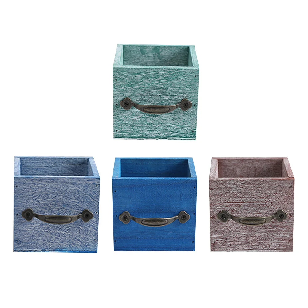 

4Pcs Simulation Flower Pot Wooden Creative Square Planter for Home Garden Decoration Dry Flower Arrangement Succulent Plant
