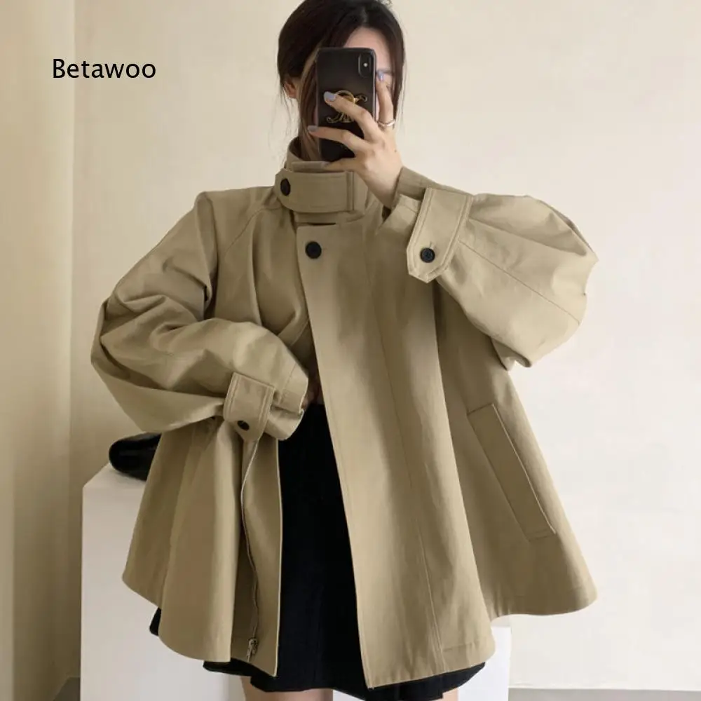 High Stand Collar Short Trench Coat For Ladies Raglan Sleeve Loose Solid Color Outerwear With Button Detail For Everyday Outfits