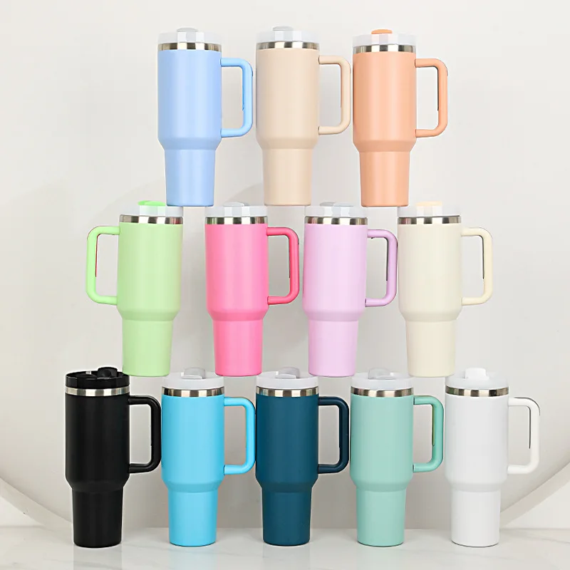 1200ml Tumbler Iced Coffee Cup with Handle Straw Stainless Steel  Insulated Vacuum Cup Leakproof Water Bottle Car Travel Cup