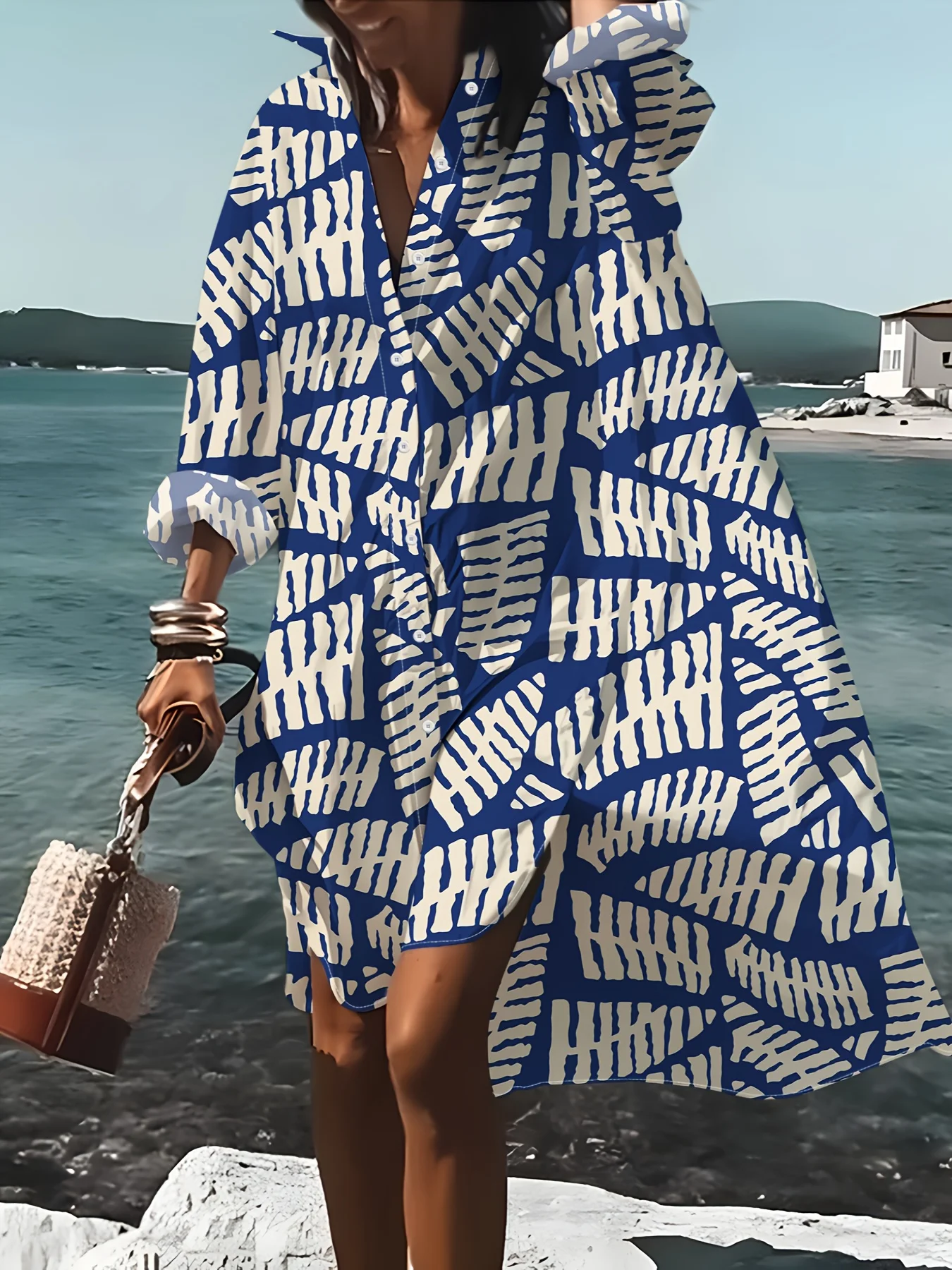 Damen Langarm Freizeitkleid Blau-Weiß Geometrischer Druck Urlaubsstil Knopfleiste A-Linien-Kleid Sommer 2024 Trendy Modest