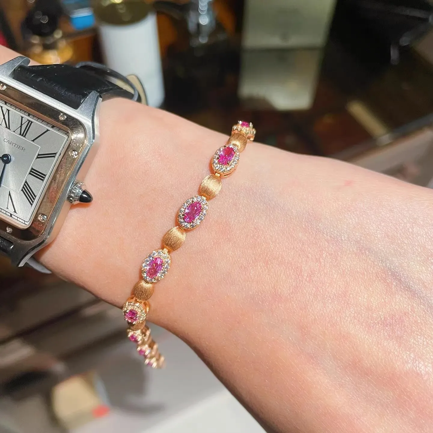 Vintage French inspired hand-brushed chequered egg high carbon zircon bracelet Ruby corundum jewelry gift for women