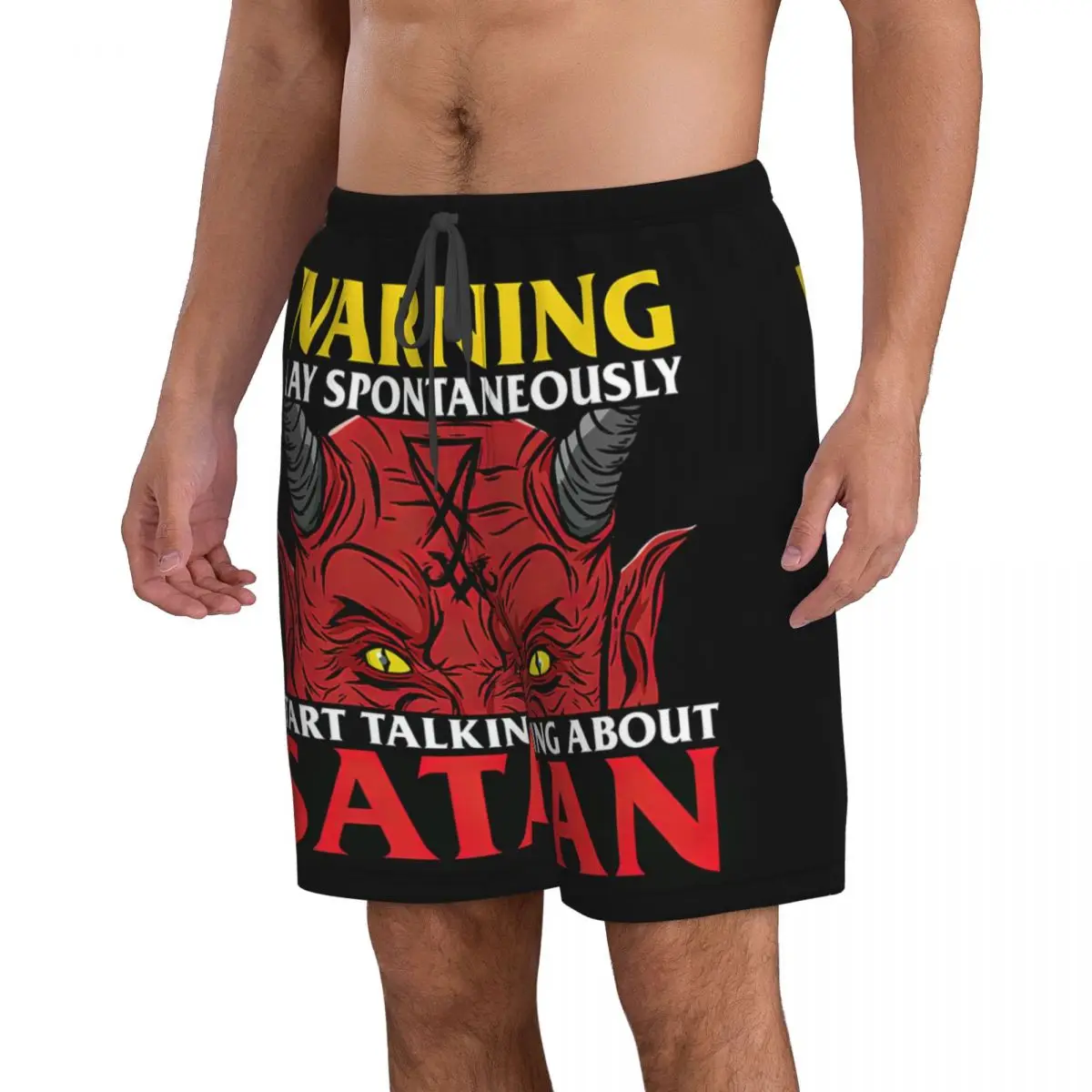 Warning May Spontaneously Start Talking About Satan Men's Beach Shorts Fitness Quick-drying Swimsuit Funny Street Fun 3D Shorts