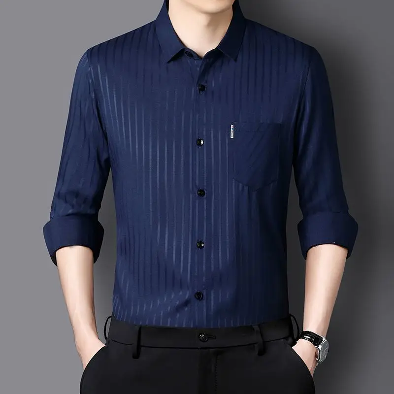 Men Mulberry Silk Long Sleeve Shirt Non Iron Breathable Stripe Business Top