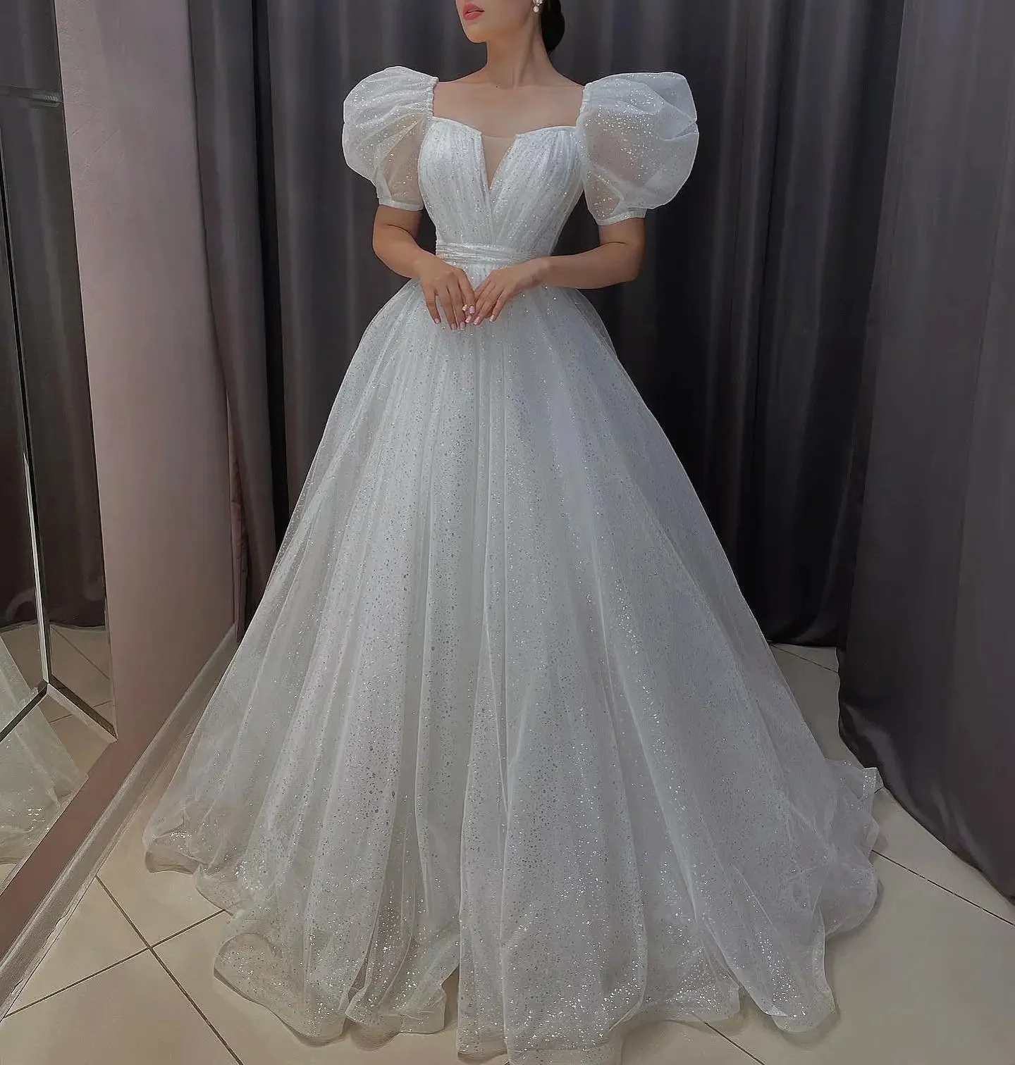 

Sexy Long Tulle Applique Fluffy Wedding A-line V-neck Straight to Floor-length Bridal Gowns Customised