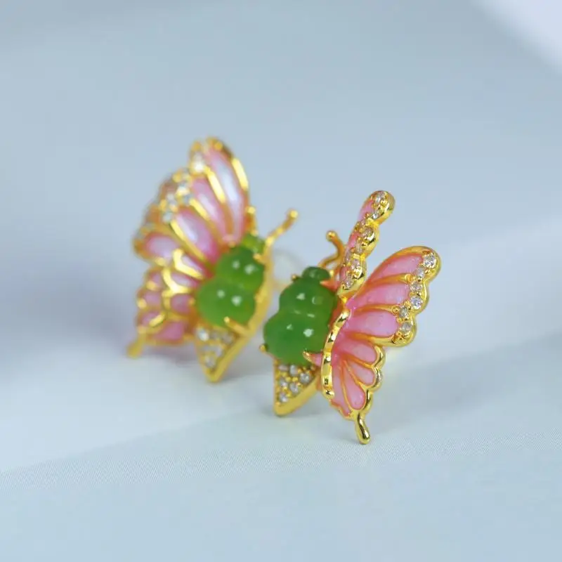 Genuine China Nephrite Stone Green Hetian Jade Gourd 925 Silver Zircon Pink Butterfly Stud Earrings Women Certified Jewelry Gift
