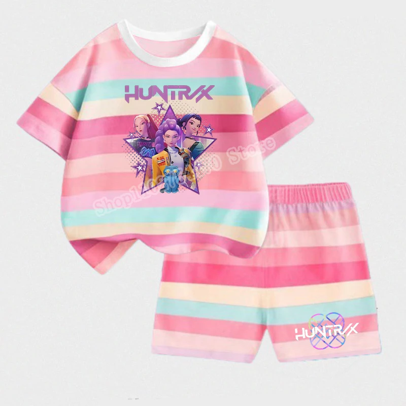 

KPop Demon Hunters Child Short Style T-shirt Set Cartoon Rumi Mira Zoey Print Striped Two-piece Suit Summer Casual Homewear Gift