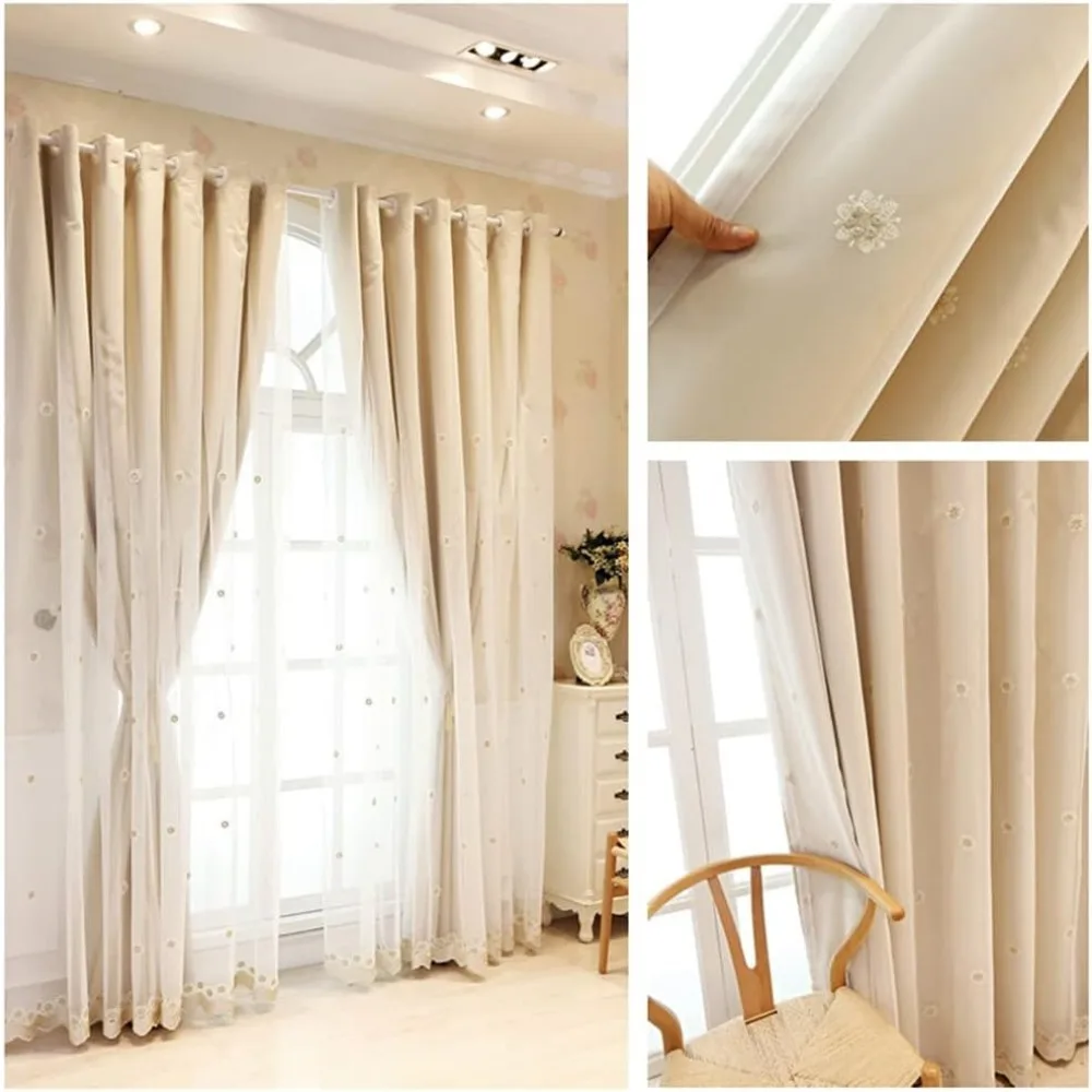 Tenda oscurante a doppio strato, pannello mantovana con drappo solido a strati ricamato bianco voile scuro, energia della camera da letto della ragazza del soggiorno