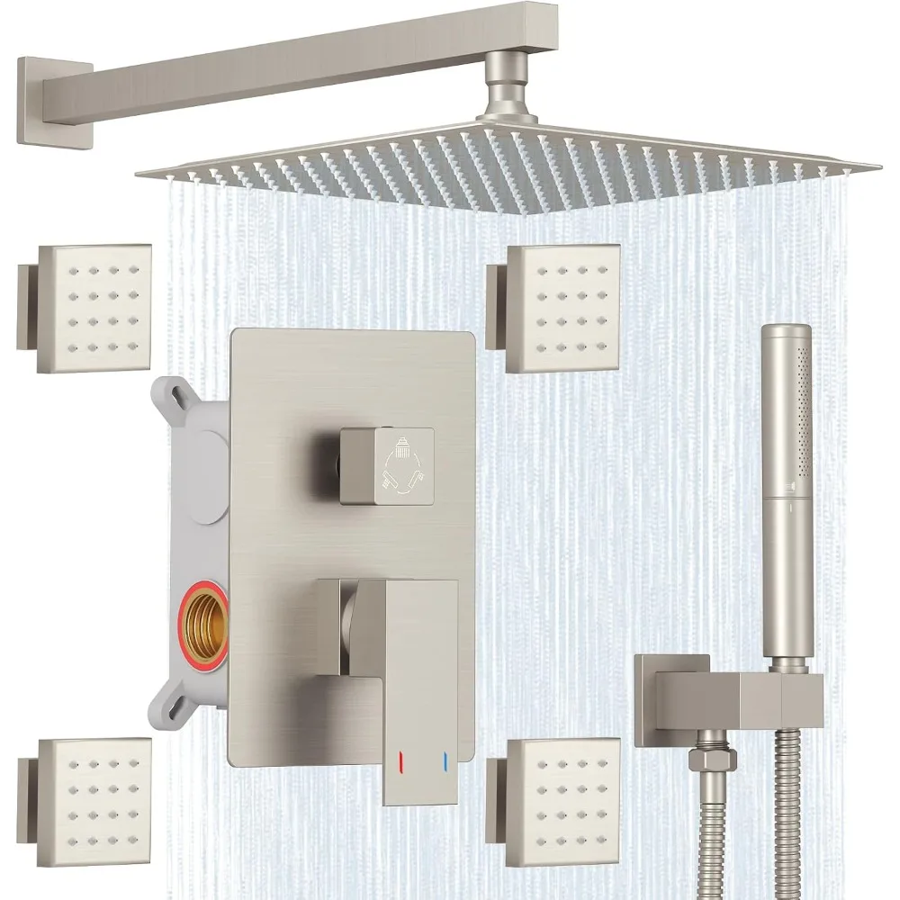 

Rainfall Shower Faucet with 4 Full Body Shower Jet Fixtures Combo, Wall Mounted Shower System Set